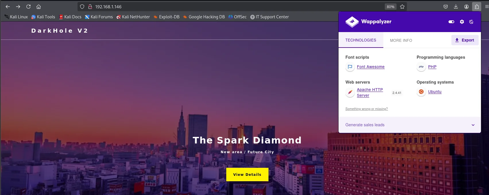 Página principal DarkHole V2 (The Spark Diamond) con el panel de Wappalyzer abierto: Font Awesome, PHP, Apache HTTP Server 2.4.41 y Ubuntu