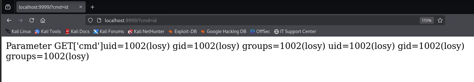 Navegador en localhost:9999/?cmd=id devolviendo Parameter GET['cmd'] seguido de uid=1002(losy) repetido dos veces