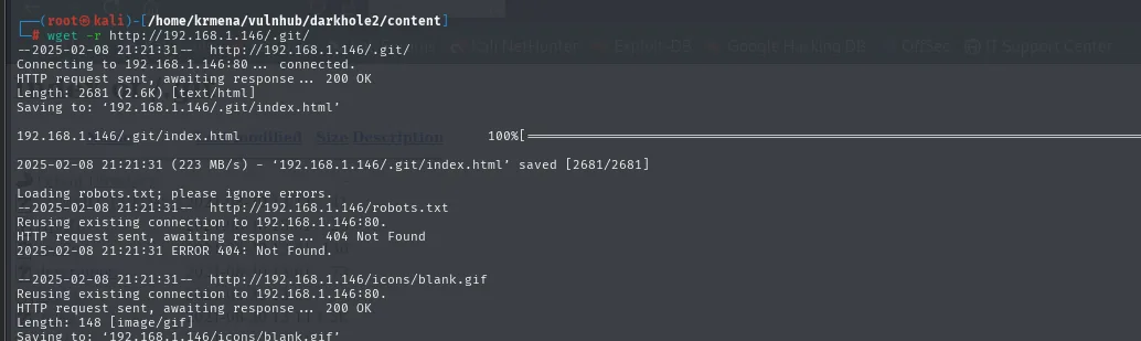 Salida de wget recursivo descargando /.git/index.html, un 404 en robots.txt y los iconos del índice de Apache