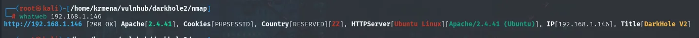Salida de whatweb en una línea: Apache 2.4.41, cookie PHPSESSID, HTTPServer Ubuntu Linux y Title DarkHole V2