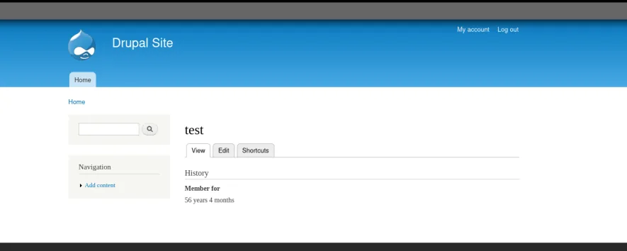 Sesión iniciada en Drupal como el usuario test recién creado, con opción de administración