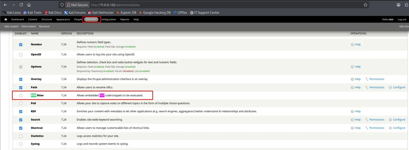 Módulo PHP filter resaltado en admin/modules de Drupal, pendiente de activar