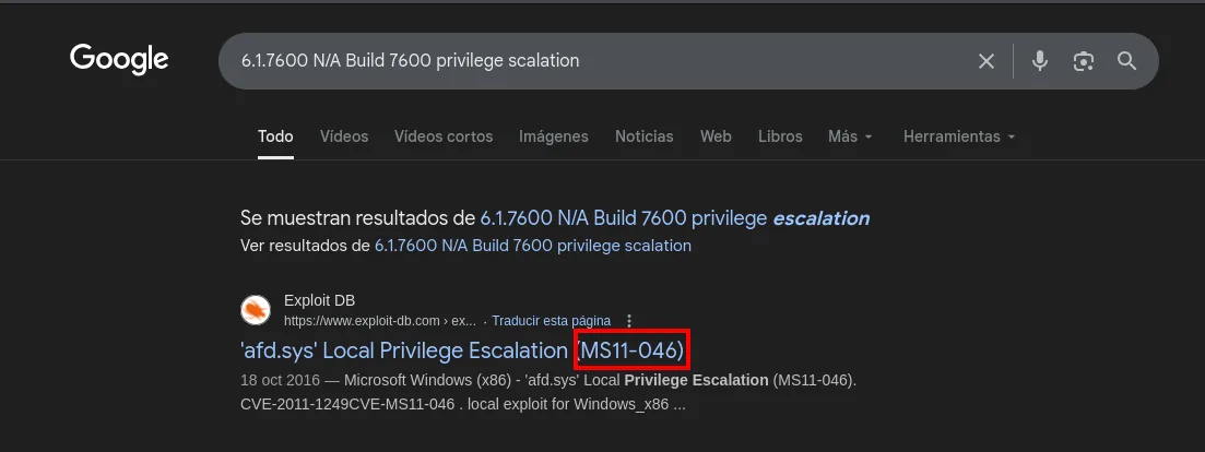 la búsqueda de la versión exacta devuelve como primer resultado la entrada de Exploit-DB afd.sys Local Privilege Escalation, con MS11-046 resaltado