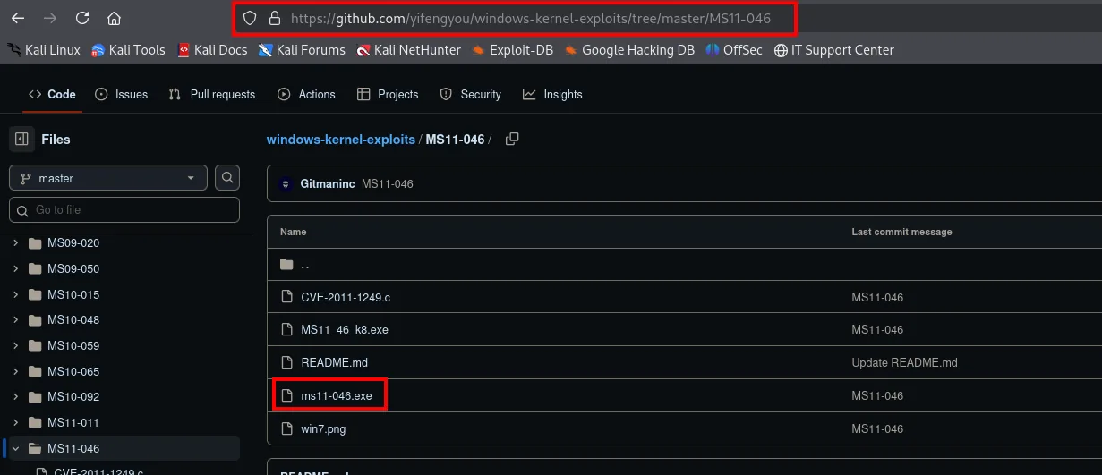el directorio MS11-046 del repositorio con CVE-2011-1249.c, MS11_46_k8.exe, README.md, ms11-046.exe resaltado y win7.png