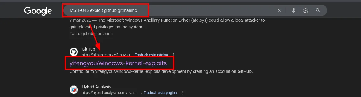 la búsqueda MS11-046 exploit github gitmaninc lleva al repositorio yifengyou/windows-kernel-exploits