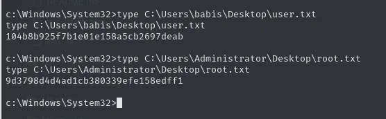 lectura de user.txt en el escritorio de babis y de root.txt en el de Administrator