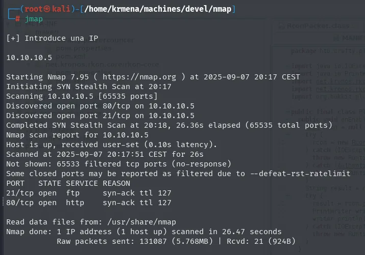 escaneo TCP completo: solo los puertos 21 y 80 abiertos, con syn-ack ttl 127