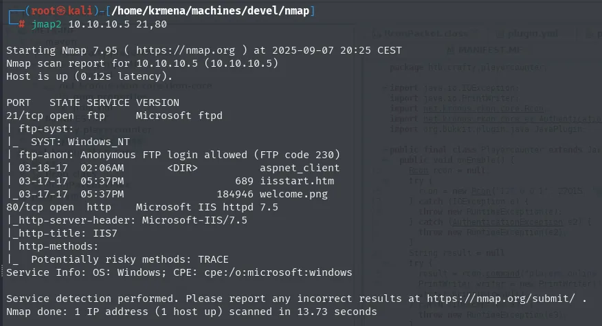 nmap -sCV mostrando ftp-anon permitido y el listado con iisstart.htm y welcome.png