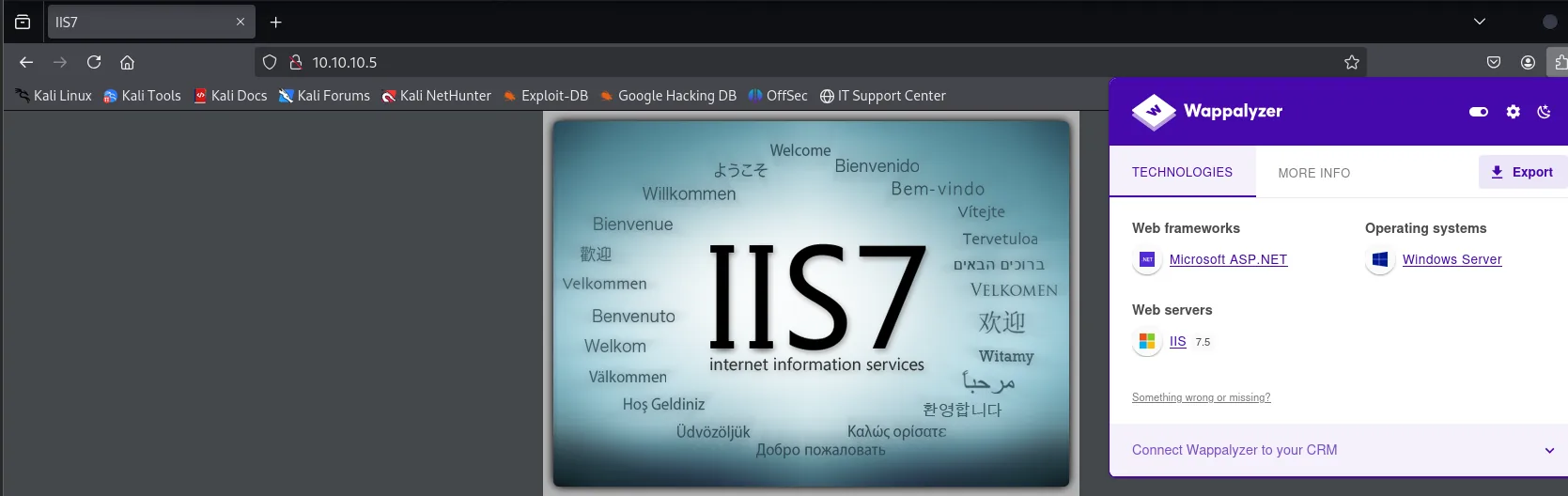 Wappalyzer detectando Microsoft ASP.NET, IIS 7.5 y Windows Server sobre la página por defecto de IIS7