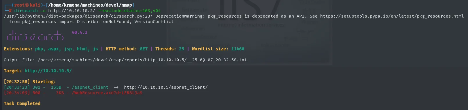 dirsearch encontrando únicamente /aspnet_client y un WebResource.axd con error 500