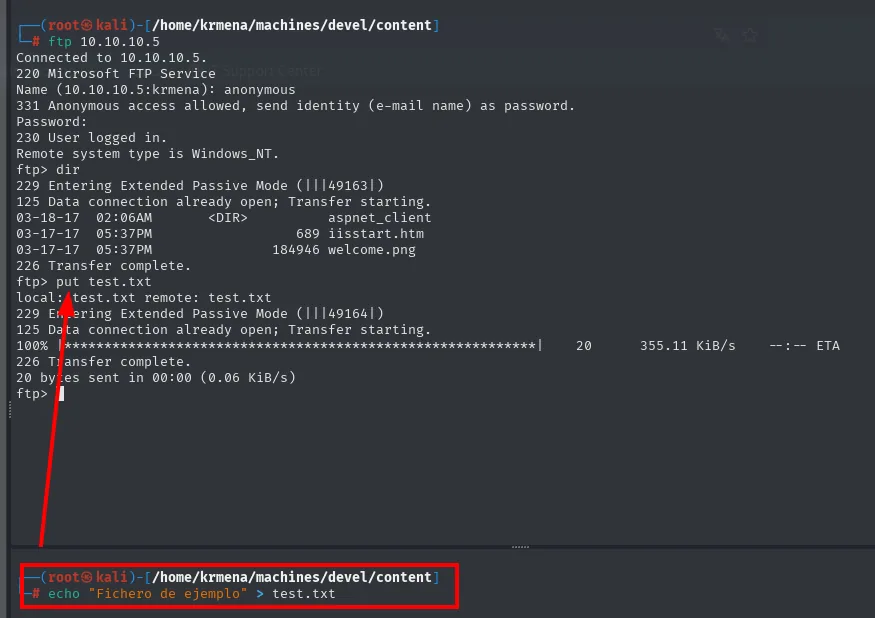 subida de test.txt por FTP anónimo, 20 bytes transferidos