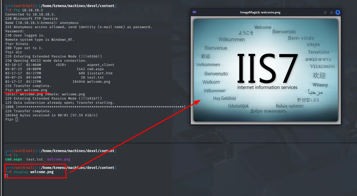 welcome.png descargada por FTP y abierta con display: es la misma imagen de IIS7 que muestra la web