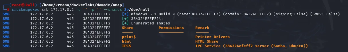 crackmapexec con sesión nula lista los recursos print$, html e IPC$