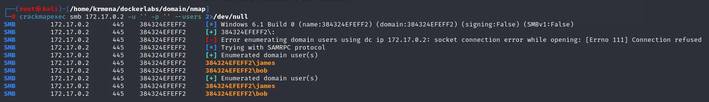 crackmapexec falla por LDAP, reintenta por SAMRPC y enumera los usuarios james y bob