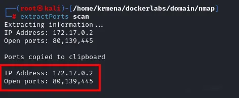 extractPorts sobre el fichero scan: IP 172.17.0.2 y puertos 80,139,445 copiados al portapapeles