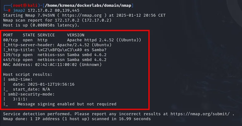 jmap2 identifica Apache 2.4.52 y Samba smbd 4.6.2, con el http-title ¿Qué es Samba?