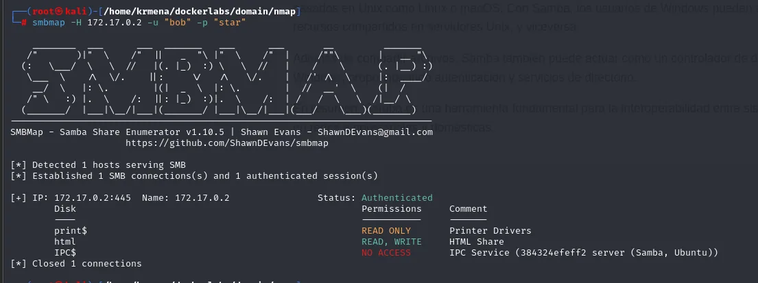 smbmap con bob:star lista html como READ, WRITE, print$ como READ ONLY e IPC$ sin acceso
