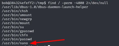 find -perm -4000 como bob lista los SUID habituales y, al final, /usr/bin/nano