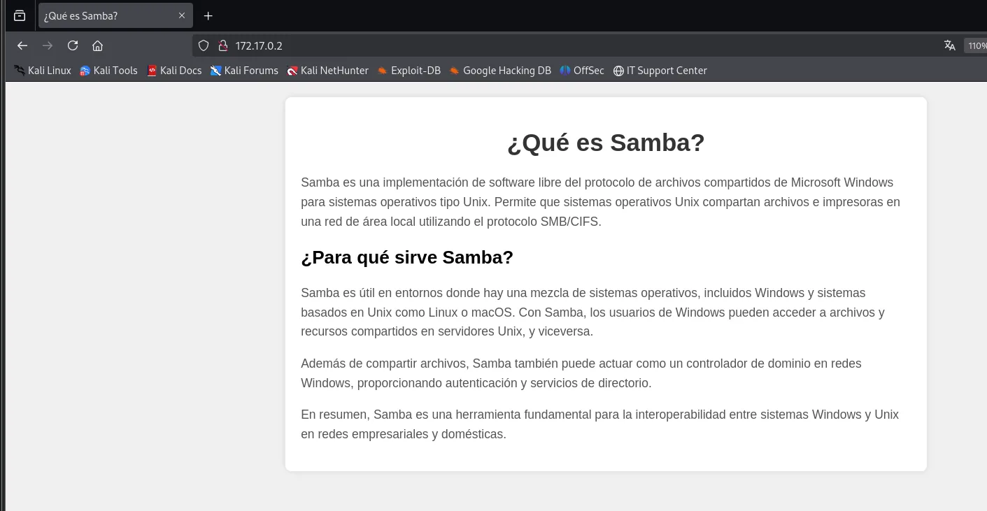 la web en 172.17.0.2 es una página estática titulada ¿Qué es Samba? con texto explicativo