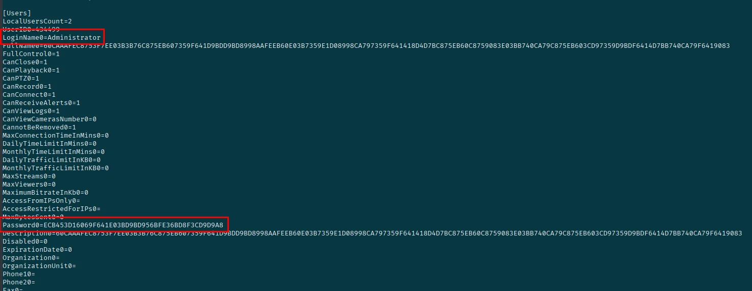 Sección de usuarios de DVRParams.ini: LoginName0=Administrator y Password0=ECB453...D9A8