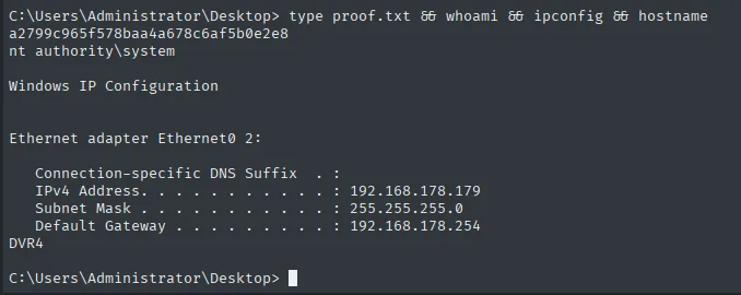 proof.txt leída como nt authority/system en DVR4