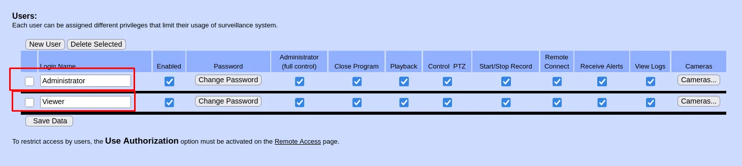 La interfaz de Argus DVR revela los usuarios locales, incluido viewer