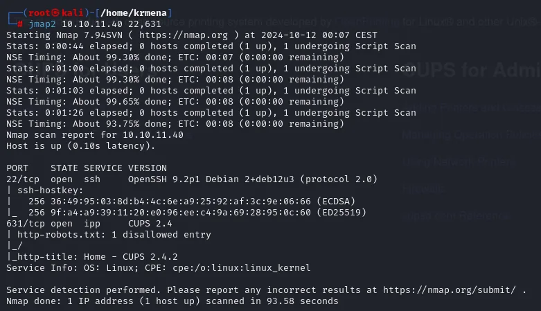 nmap -sCV: OpenSSH 9.2p1 Debian y CUPS 2.4.2 en el 631