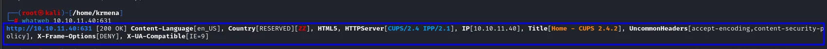 whatweb identifica el servidor CUPS/2.4 IPP/2.1 y el título Home - CUPS 2.4.2