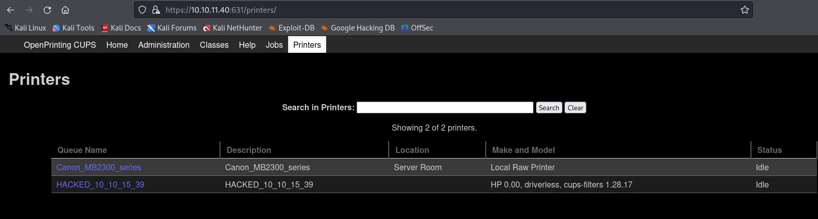 La pestaña Printers muestra la impresora maliciosa HACKED_10_10_15_39 recién creada