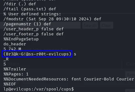 Al final del PostScript aparece la contraseña de root: (Br3@k-G!@ss-r00t-evilcups)