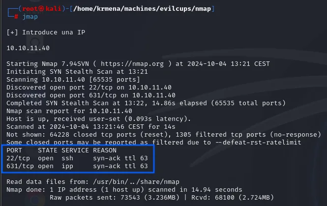 nmap descubre solo dos puertos abiertos: 22 SSH y 631 IPP, con TTL 63
