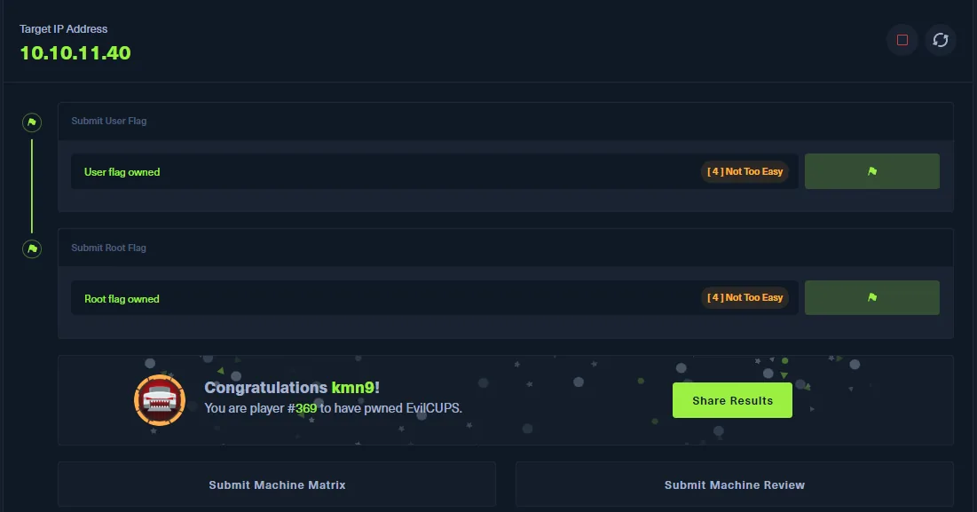 el panel de HackTheBox con las dos flags marcadas como owned y el mensaje de que EvilCUPS ha sido comprometida
