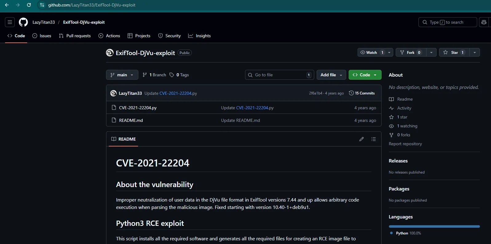 Repo GitHub LazyTitan33/ExifTool-DjVu-exploit: CVE-2021-22204, RCE por el formato DjVu en ExifTool
