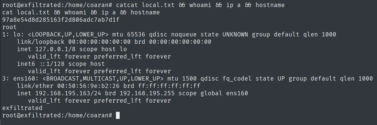 local.txt leída como root en exfiltrated