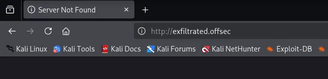 El navegador muestra Server Not Found en http://exfiltrated.offsec antes de añadirlo al hosts