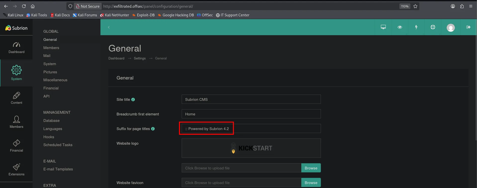 Panel de Subrion; el sufijo de títulos confirma Powered by Subrion 4.2