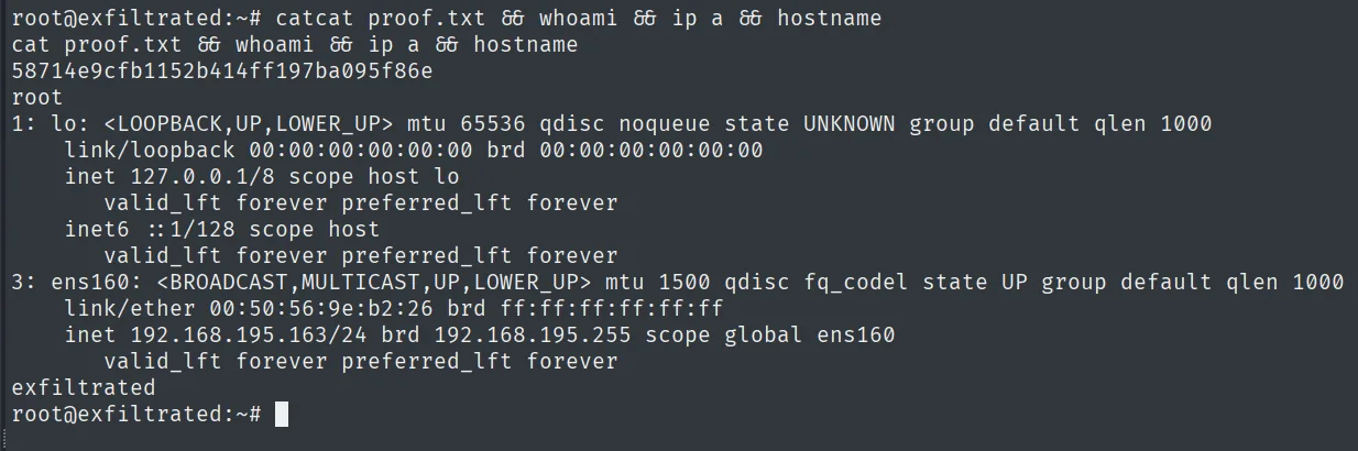 proof.txt leída como root en exfiltrated